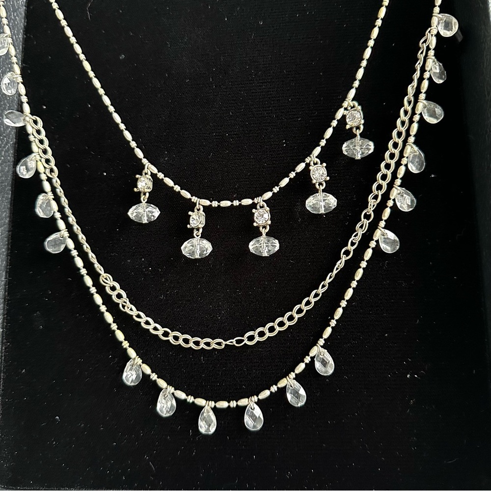 AEO Silver tone and clear faceted beads. 3 strand long necklace.